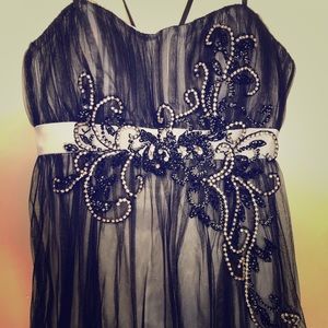 Black and White Organza Beaded Prom Dress